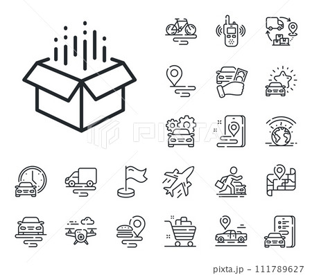 Delivery parcel sign. Plane, supply chain and place location outline icons. Open box line icon. Cargo package symbol. Open box line sign. Taxi transport, rent a bike icon. Travel map. Vector Delivery parcel sign. Plane, supply chain and place location outline icons. Open box line icon. Cargo package symbol. Open box line sign. Taxi transport, rent a bike icon. Travel map. Vector 111789627