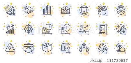 Outline set of Power, Lighthouse and Filling station line icons for web app. Include Charging station, Construction toolbox, Transform pictogram icons. Electricity consumption, Co2 gas. Vector Outline set of Power, Lighthouse and Filling station line icons for web app. Include Charging station, Construction toolbox, Transform pictogram icons. Electricity consumption, Co2 gas. Vector 111789637