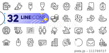 Outline set of Grilled steak, Metro subway and Fish line icons for web with Inflation, Skyscraper buildings, Megaphone checklist thin icon. Discounts chat, Restroom, Money pictogram icon. Vector 111789727
