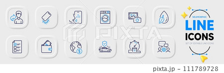 Water drop, Share and Transport insurance line icons for web app. Pack of Global business, Wallet, Photo camera pictogram icons. Smartphone broken, Voting ballot, Timer signs. Voicemail. Vector 111789728