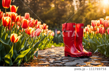 Rubber boots nestled among a vibrant garden, with green foliage enveloping the boots 111789758