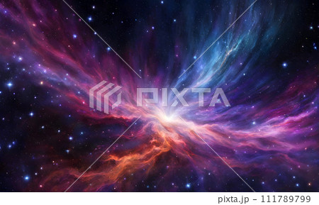 A sweeping view of the cosmos, stars streaking across the celestial void 111789799