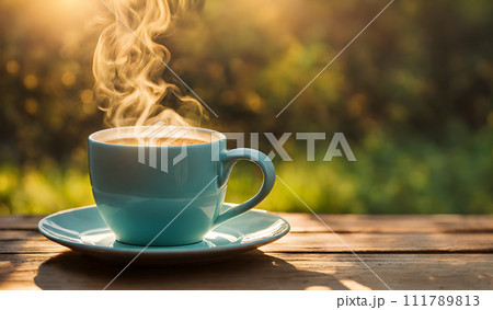 Steaming coffee mug on rustic table Steaming coffee mug on rustic table 111789813