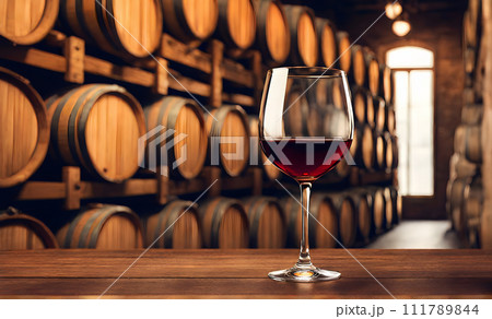 Rustic wooden table with wine glass 111789844