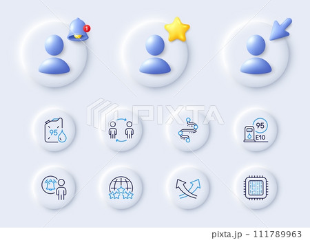 Timeline, Workflow and User notification line icons. Placeholder with 3d cursor, bell, star. Pack of Intersection arrows, Cpu processor, Rating stars icon. Vector 111789963