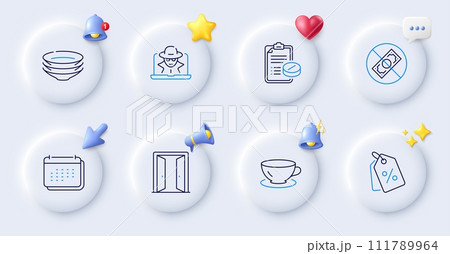 Medical prescription, Calendar and Dishes line icons. Buttons with 3d bell, chat speech, cursor. Pack of Espresso, Corrupt, Fraud icon. Discount tags, Open door pictogram. Vector 111789964