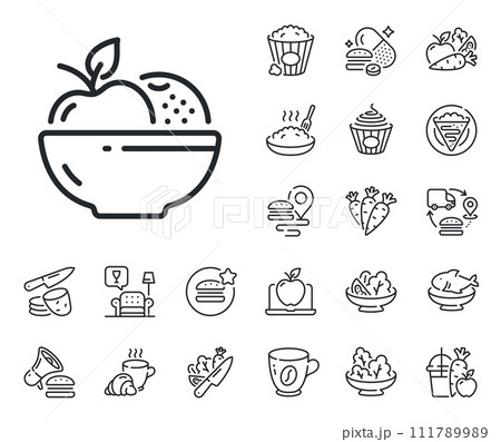 Vegetarian food sign. Crepe, sweet popcorn and salad outline icons. Fruits line icon. Apple and orange symbol. Fruits line sign. Pasta spaghetti, fresh juice icon. Supply chain. Vector 111789989