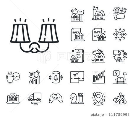 Wall lamp sign. Floor plan, stairs and lounge room outline icons. Sconce light line icon. Interior illuminate symbol. Sconce light line sign. House mortgage, sell building icon. Real estate. Vector 111789992