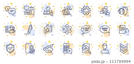 Outline set of Phone pay, Headshot and Map line icons for web app. Include Hold document, Work home, Fake document pictogram icons. Signature, Co2, Teamwork signs. Solar panel. Vector 111789994