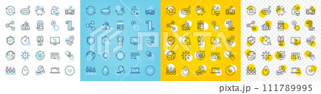 Vector icons set of Equality, Marketplace and Hot water line icons pack for web with Reject click, Stress, Laptop outline icon. Confirmed, Cyber attack, Internet pictogram. Bitcoin coin. Vector 111789995