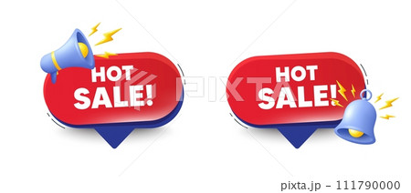 Hot Sale tag. Speech bubbles with 3d bell, megaphone. Special offer price sign. Advertising Discounts symbol. Hot sale chat speech message. Red offer talk box. Vector 111790000