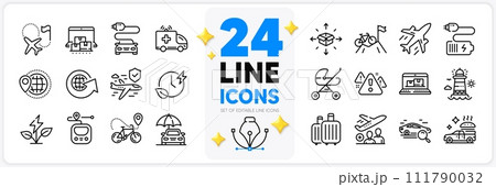 Icons set of Metro, Web inventory and Destination flag line icons pack for app with Plane, Baby carriage, World globe thin outline icon. Charging time, Eco power, Online storage pictogram. Vector Icons set of Metro, Web inventory and Destination flag line icons pack for app with Plane, Baby carriage, World globe thin outline icon. Charging time, Eco power, Online storage pictogram. Vector 111790032