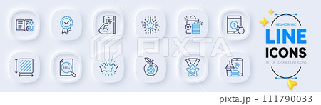 Food app, Square area and Star line icons for web app. Pack of Twinkle star, Search file, Engineering documentation pictogram icons. Medical food, Fitness, Winner ribbon signs. Vector 111790033