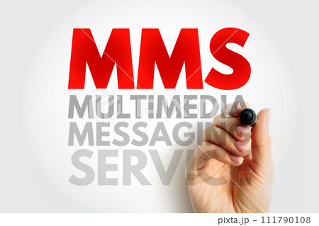 MMS Multimedia Messaging Service - standard way to send messages that include multimedia content to and from a mobile phone over a cellular network, acronym text concept background 111790108