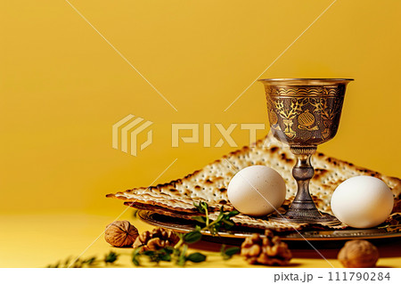 AI-generated content. Matzoh bread, walnuts, and seder. Jewish Passover holiday concept. Greeting Card, Copy space 111790284