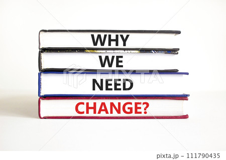 Why we need change symbol. Concept words Why we need change on beautiful books. Beautiful white table white background. Business and why we need change concept. Copy space. 111790435