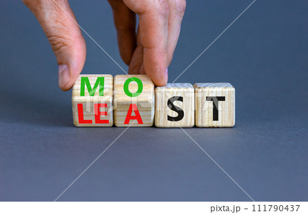 Most or least symbol. Businessman turns beautiful wooden cubes and changes the word Least to Most. Beautiful grey table grey background. Copy space. Business and most or least concept. Most or least symbol. Businessman turns beautiful wooden cubes and changes the word Least to Most. Beautiful grey table grey background. Copy space. Business and most or least concept. 111790437