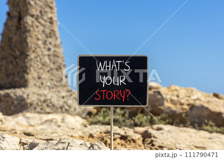 Storytelling what is your story symbol. Concept words What is your story on beautiful chalk blackboard. Beautiful red stone background. Business storytelling what is your story concept. Copy space. 111790471