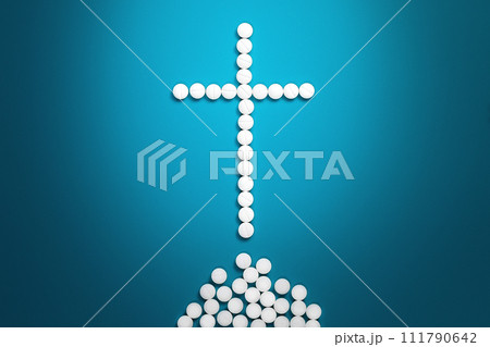 grave cross laid out of small white tablets as a symbol of death from an overdose of harmful medications or abuse of medical drugs and uncontrolled self-medication grave cross laid out of small white tablets as a symbol of death from an overdose of harmful medications or abuse of medical drugs and uncontrolled self-medication 111790642