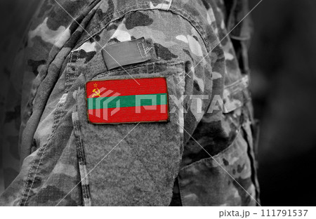 Transnistria flag on soldiers arm. Transnistria army (collage) Transnistria flag on soldiers arm. Transnistria army (collage) 111791537