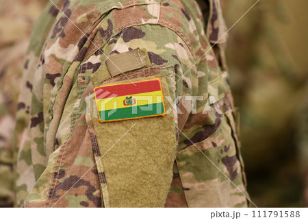 Bolivia flag on soldiers arm. Bolivia troops. (collage) 111791588