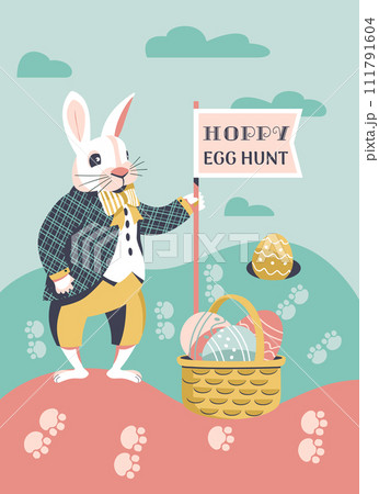 Hoppy Egg Hunt fancy Easter game vector poster Hoppy Egg Hunt fancy Easter game vector poster 111791604