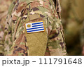 Uruguay flag on soldiers arm. Uruguay troops (collage) 111791648