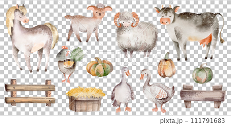 Watercolor set of farm animals. Illustration of a cute farmyard. Cartoon horse, cow and goose on an isolated background. Fun characters collection barnyard. 111791683