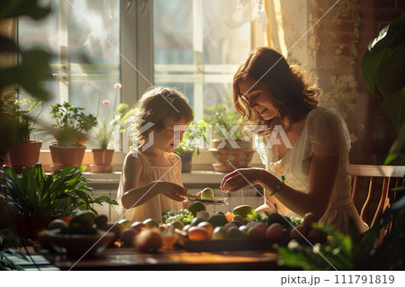 AI-generated content. Portrait of little girl painting Easter eggs at home with mom while making preparations for holiday 111791819