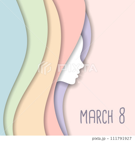 Greeting card template for Women's Day March 8th. Female profile silhouettes with shadow, cut paper effect. Vector Greeting card template for Women's Day March 8th. Female profile silhouettes with shadow, cut paper effect. Vector 111791927