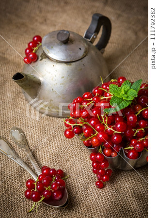 juicy currant berries on burlap near an old teapot 111792382