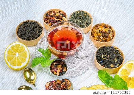 tea, fruit tea, Cup of tea, various kinds of tea, tea on the table 111792393