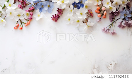 Floral arrangement on white background. Spring flowers on white grunge background 111792438