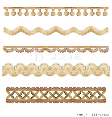 Hand drawn watercolor illustration sewing craft embroidery supplies. Ribbon lace braid zigzag tassel. Set of objects isolated on white background. Design atelier, tailor, hobby shop, fashion boutique 111792498
