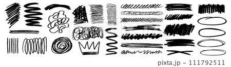Bold charcoal freehand squiggles, crazy ink hatches, crown, emphasis and grunge strikethrough. Crayon or marker scrawls, smudges and pencil scribbles, rough underlines. Vector doodle childish drawing 111792511