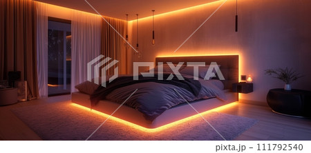 AI-generated content. Minimalist Bedroom Design with Understated Elegance and Recessed Lighting 111792540