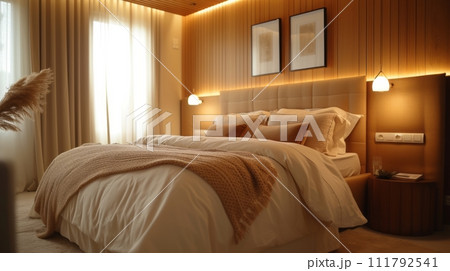AI-generated content. Serene Modern Bedroom with Ambient Lighting and Warm Wood Tones 111792541