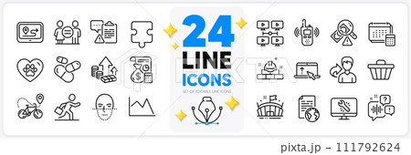 Icons set of Accounting, Fraud and Pets care line icons pack for app with Voicemail, Arena, Internet document thin outline icon. Capsule pill, Equality, Businessman run pictogram. Vector Icons set of Accounting, Fraud and Pets care line icons pack for app with Voicemail, Arena, Internet document thin outline icon. Capsule pill, Equality, Businessman run pictogram. Vector 111792624