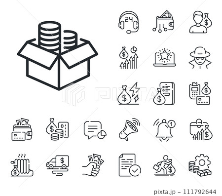 Financial trade sign. Cash money, loan and mortgage outline icons. Money box line icon. Investment symbol. Money box line sign. Credit card, crypto wallet icon. Inflation, job salary. Vector 111792644