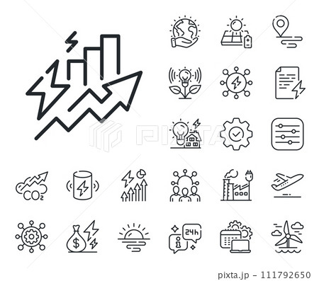 Electric power up trend sign. Energy, Co2 exhaust and solar panel outline icons. Consumption growth line icon. Energy inflation symbol. Consumption growth line sign. Vector Electric power up trend sign. Energy, Co2 exhaust and solar panel outline icons. Consumption growth line icon. Energy inflation symbol. Consumption growth line sign. Vector 111792650