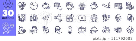 Share, Restaurant food and Change money line icons pack. Scroll down, Food order, Medical vaccination web icon. Saving money, Thoughts, Paper plane pictogram. Chat app, Smoking, Tomato. Vector Share, Restaurant food and Change money line icons pack. Scroll down, Food order, Medical vaccination web icon. Saving money, Thoughts, Paper plane pictogram. Chat app, Smoking, Tomato. Vector 111792685