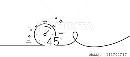 Timer 45 minutes line icon. Continuous one line with curl. Stopwatch time sign. Countdown clock symbol. Timer single outline ribbon. Loop curve pattern. Vector 111792717