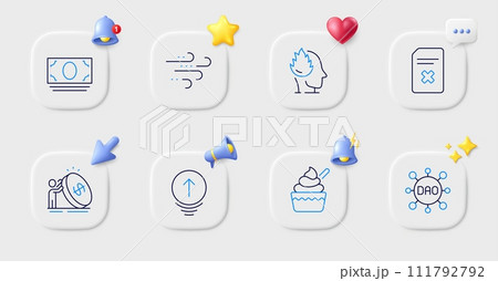 Cash money, Inflation and Delete file line icons. Buttons with 3d bell, chat speech, cursor. Pack of Ice cream, Stress, Swipe up icon. Dao, Windy weather pictogram. For web app, printing. Vector Cash money, Inflation and Delete file line icons. Buttons with 3d bell, chat speech, cursor. Pack of Ice cream, Stress, Swipe up icon. Dao, Windy weather pictogram. For web app, printing. Vector 111792792