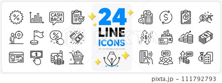 Icons set of Dollar exchange, Survey checklist and Bid offer line icons pack for app with Web report, Accounting wealth, Card thin outline icon. Bitcoin mining, Report, Payment click pictogram. Vector Icons set of Dollar exchange, Survey checklist and Bid offer line icons pack for app with Web report, Accounting wealth, Card thin outline icon. Bitcoin mining, Report, Payment click pictogram. Vector 111792793