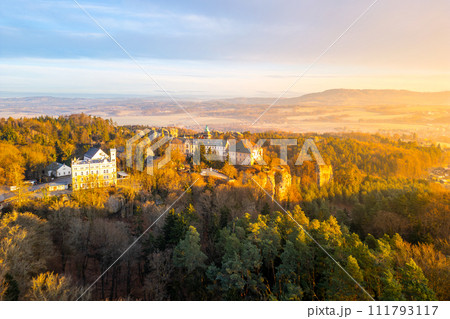 Hruba Skala chateau at cold morning sunrise time. Bohemian Paradise, Czech: Cesky raj, Czechia. Aerial view from above. Hruba Skala chateau at cold morning sunrise time. Bohemian Paradise, Czech: Cesky raj, Czechia. Aerial view from above. 111793117