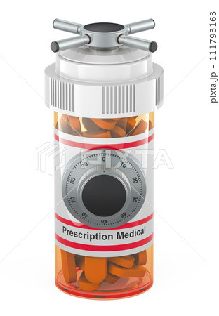 Prescription Pill Bottle full of drug with safe combination lock, 3D rendering 111793163