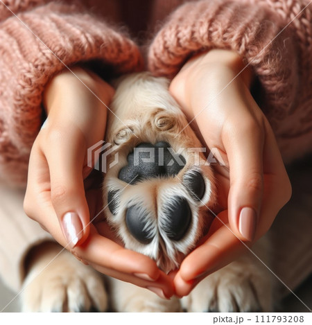 Close up of dog paws and human hand. Concept of...のイラスト素材 [111793208 ...