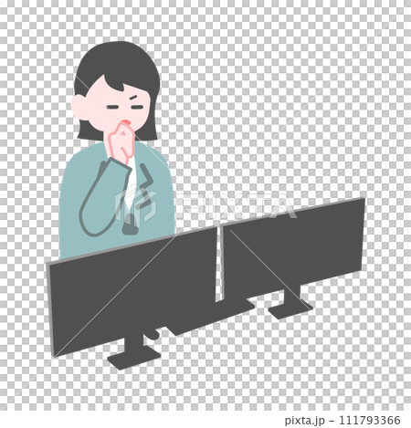 A female worker in trouble in front of a PC 111793366