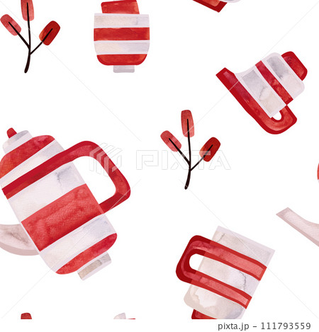 Watercolor seamless pattern with old-fashioned teapots and cups in red and white stripes. Pattern for seasonal wrapping paper, fabric, textiles, tablecloths and curtains in a tea cafe or coffee shop. 111793559