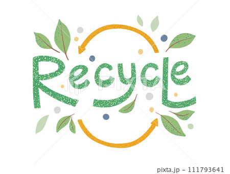 Modern eco sticker with recycle sign, arrows and leaves. Concept of ecology, zero waste and sustainability. Colored flat textured vector illustration isolated on white background 111793641